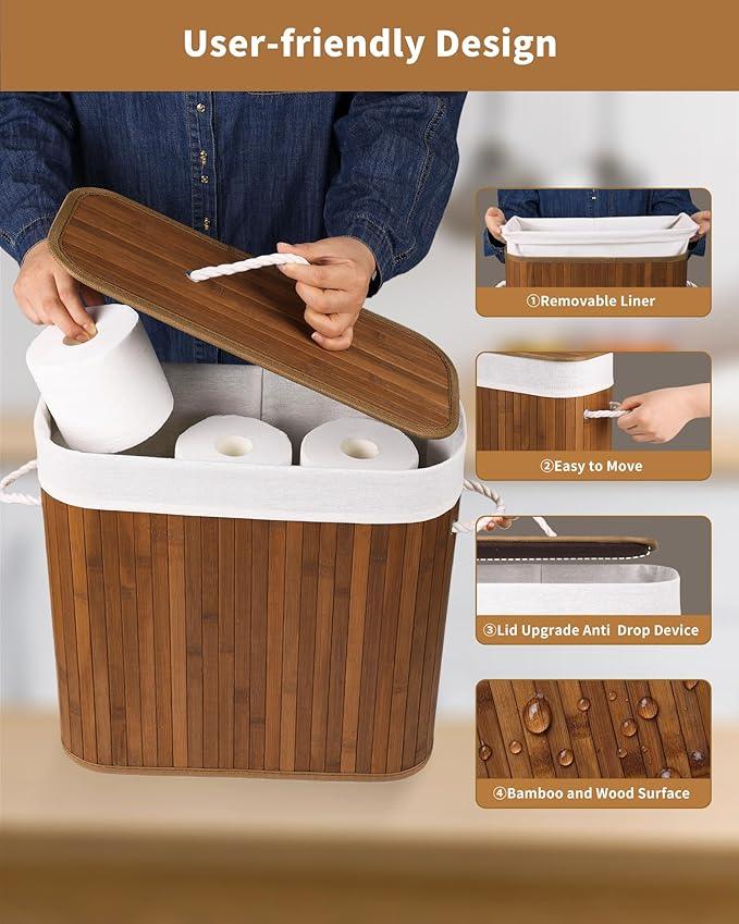 Bamboo Toilet Paper Storage with Lid & Handel, 8 Gallons (30L), Sturdy Toilet Paper Basket, Organizer for Bathroom, Kitchen, Holder with Storage, Walnut - ModernBath
