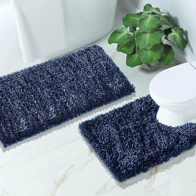 Yimobra Bathroom Rugs Sets 2 Piece, Soft Absorbent Bath Mat and U-Shaped Toilet Rug with Non Slip Backing, Luxury Shaggy Bath Mats for Bathroom, Machine Washable, 31.5"x20"+24"x20", Blue - ModernBath