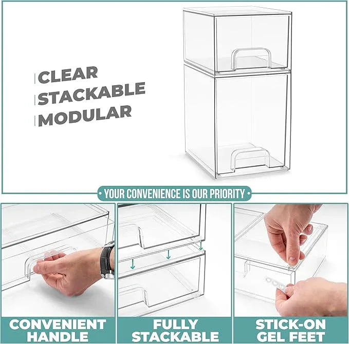 Sorbus Acrylic Storage Containers - 2 Pack, Stackable Storage Bins Set for Bathroom Organization - Clear Acrylic Drawer Organizers - Makeup Case Pull-Out Drawers (7.6’’ and 4.4’’ Tall) - ModernBath