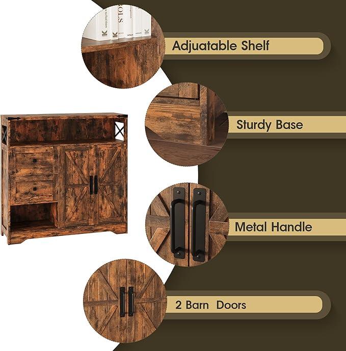 Fameill Farmhouse Storage Cabinet with Drawers and Open Storage,Freestanding Kitchen Pantry with 2 Barn Doors, Floor Cabinet with Adjustable Shelf for Living Room,Brown - ModernBath