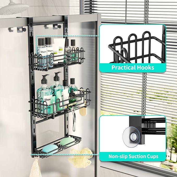 HapiRm 3 Tier Over the Door Shower Caddy, Hanging Shower Caddy with 16 Hooks and 2 Soap Holders, No Drilling Adjustable Hanging Bathroom Organizer - Black - ModernBath