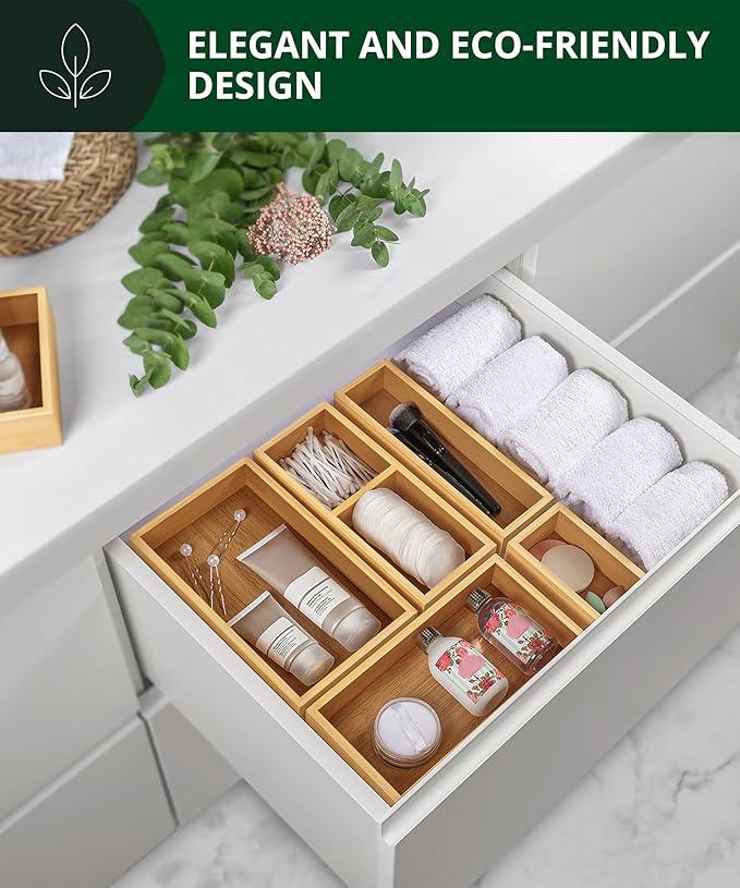 ROYAL CRAFT WOOD 5-Piece Bamboo Drawer Organizer Set – Multi-Use Storage Trays for Kitchen, Bathroom, Office, Makeup, Jewelry & More – Junk Drawer Tray, Utensil Holder, Storage Box & Bin Set (5 Boxes) - ModernBath