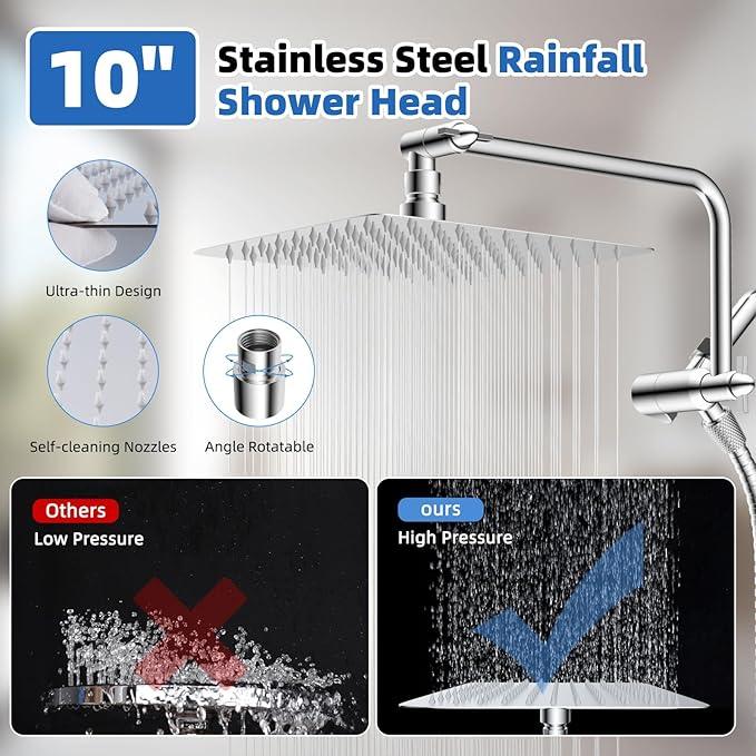 All Metal Shower Head, 10" High Pressure Rainfall/Handheld Shower Combo with 11" Extension Arm, 10-Spray Handheld Showerhead, 71" Long Hose, 3-Way Diverter Valve, Chrome - ModernBath