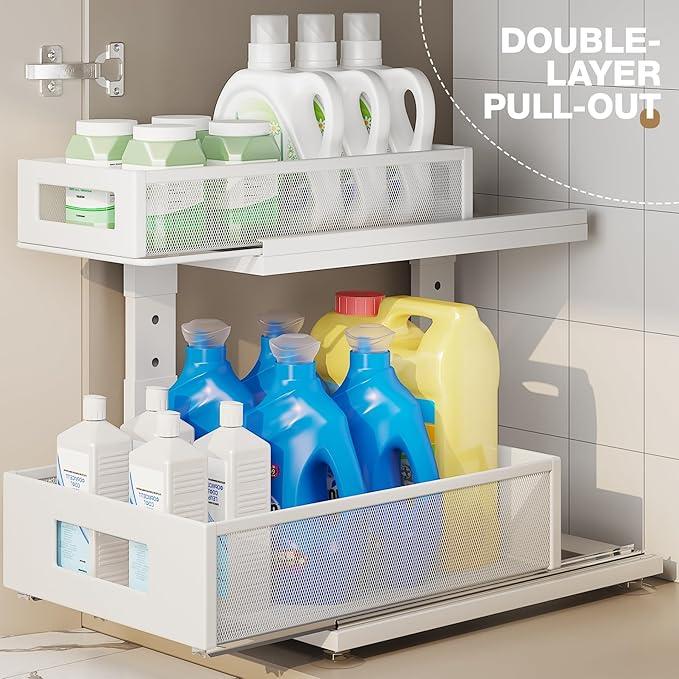 2 Pack Under Sink Organizer With Next-Gen Ball-Bearing Slides,2-Tier Pull Out Cabinet Storage,Height Adjustable Drawer Shelf for Bathroom,Kitchen,Laundry,Cabinet,Pantry(Patent Pending) - ModernBath