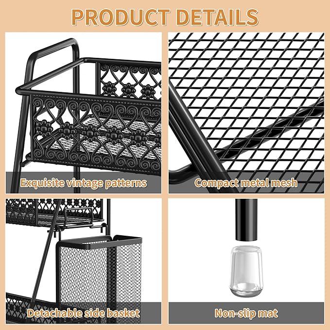 SILUB Vintage 3 Tier Spice Rack Organizer for Kitchen Counter, Bathroom Counter Organizer with Bonus Basket, 3 Tier Bathroom Counter Organizer for Spices Makeup Perfumes, Retro Countertop Organizer - ModernBath