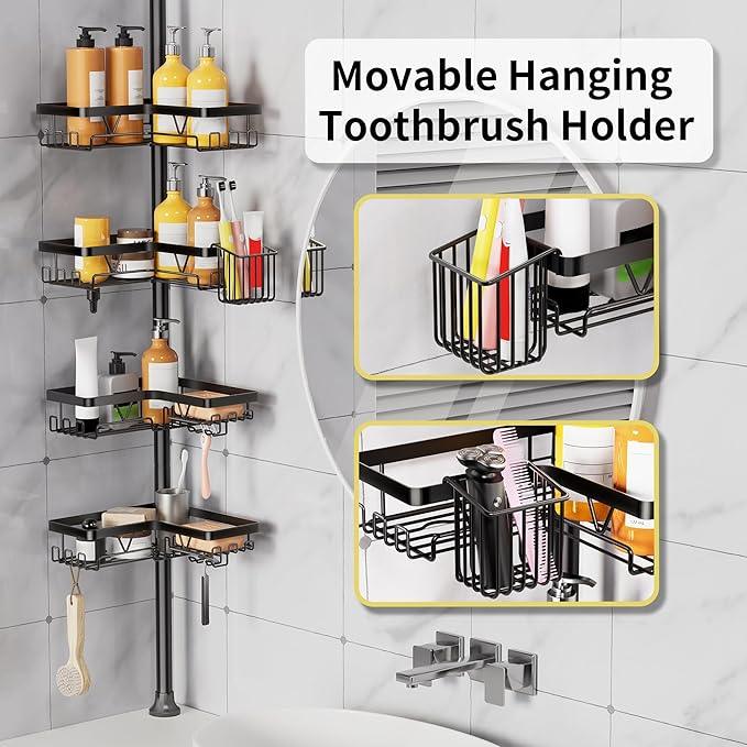 KEGII Corner Shower Caddy Tension Pole, Adjustable Bathroom Organizer Shelf with Toothbrush Holder, Floor to Ceiling Shower Organizer 25-114.2 Inch, Bathtub Storage Rack for Renters, Family - ModernBath