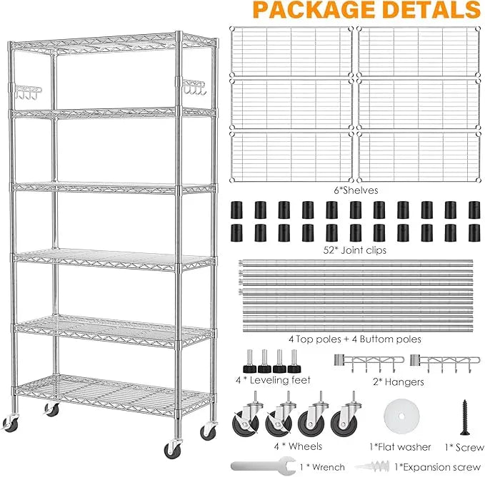 YNN Storage Shelves,6000Lbs 6 Tier Heavy Duty Metal Rolling Shelving Unit with Wheels & 8 Hooks, Adjustable Garage Wire Rack for Kitchen, Bathroom,Industrial,Pantry(36" W x 14" D x 72" H, Chrome) - ModernBath