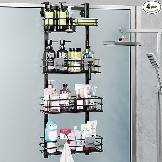 Orimade Over The Door Shower Caddy Adjustable 4 Tier Black,Bathroom Hanging Organizer Shelf Rustproof with 4 Hooks,Shower Basket with Soap Holder and Suction Cup - ModernBath