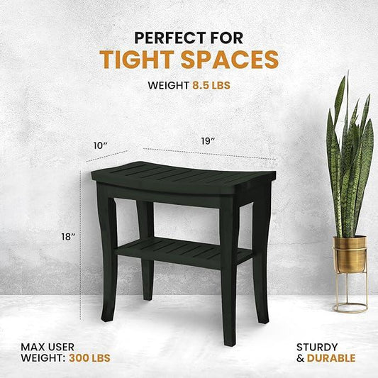 Bambüsi Bamboo Shower Bench Spa Stool - Wood 2-Tier Seat, Foot Rest Shaving Stool with Non-Slip Feet + Storage Shelf - Seat or Organizer for Bathroom, Living Room, Bedroom and Garden Décor (Black) - ModernBath