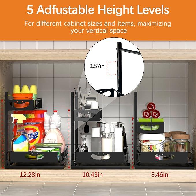 Under Sink Organizer with Pull-Out Drawers,Kitchen Sink Organizer,2 Tier Bathroom Organizers And Storage,Bathroom Accessories Set,Black 1 Pack - ModernBath