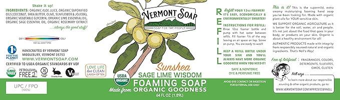 Vermont Soap Organic Sage Lime Wisdom Foaming Hand Soap - Natural Moisturizing Soap for Dry Skin - Fragrance Free Liquid Bathroom Hand Soap - Sage Lime Wisdom - 64 oz - ModernBath