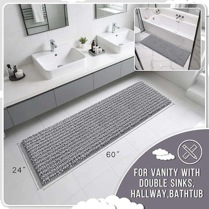 Yimobra Bathroom Runner Rug 60x24 Inch - Extra Long Non Slip Chenille Bath Mat, Soft & Absorbent, Machine Washable Shaggy Hallway Carpet for Vanity Tub Shower, Gray Home Decor Accessories - ModernBath