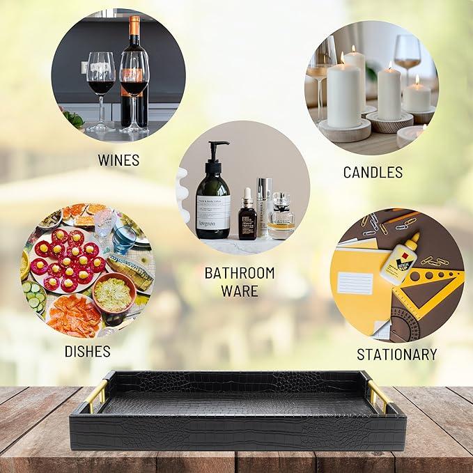 ATZYmolin 17" x 12" Wood Serving Tray with Gold Polished Metal Handles, Home Decorative Wooden Rectangle Ottoman Leather Decor Platter Bathroom Vanity Tray for All Occasions Alligator Black - ModernBath
