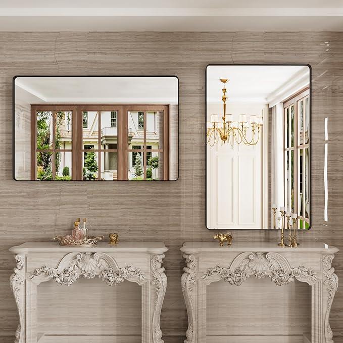 JISOSO 48X30 Inch Black Bathroom Mirror, Black Metal Framed Mirror for Wall, Rounded Rectangle Matte Bathroom Vanity Mirror with Tempered Glass, Anti-Rust, Horizontal/Vertical - ModernBath