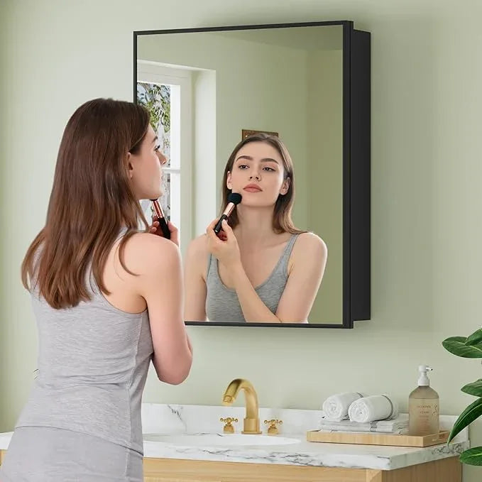 Buruis 24" x 30" Framed Medicine Cabinet with Mirror, Recessed or Wall Mounted Bathroom Cabinet, Adjustable Tempered Glass Shelves, Left/Right Open Reversible, No Assembly Required, Black - ModernBath