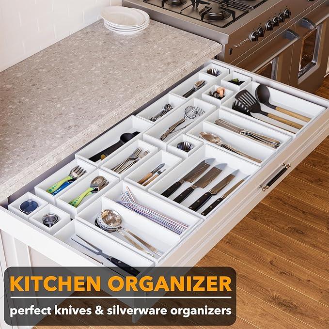 SpaceAid 21-Piece Bamboo Drawer Organizer Storage Boxes Set, Wood Tray Junk Drawer Organizers Multi-Use Divider Bins for Kitchen, Bathroom, Office Desk and Makeup Organization (21 Pack, White) - ModernBath