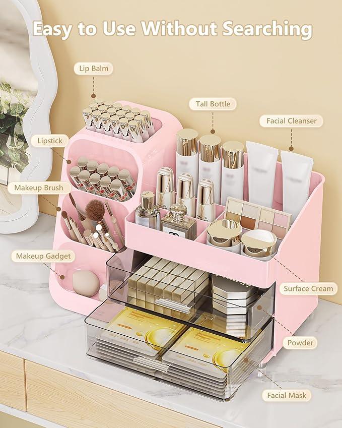 Anylady Makeup Organizer with Drawers, Skincare Organizer (Large Size Thick), Storage Box Cosmetic Display Cases, Make up Organizers for Vanity, Dresser, Desk, Kitchen, Countertop (Pink) - ModernBath