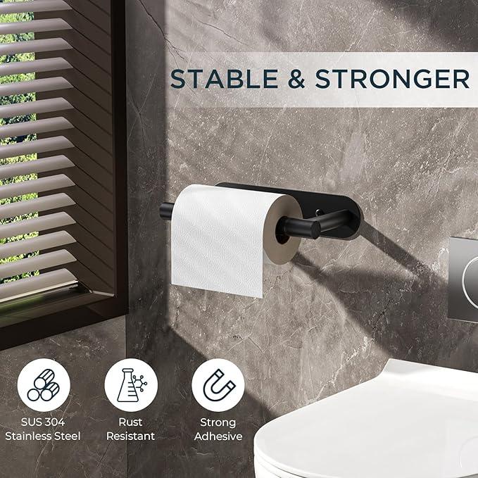 FORIOUS Black Toilet Paper Holder, Adhesive or Wall Mounted Options, Stainless Steel Rustproof Stick on no Drilling Double Post Pivoting Toilet Tissue Roll Holder for Bathroom,2 Pack Matte Black - ModernBath