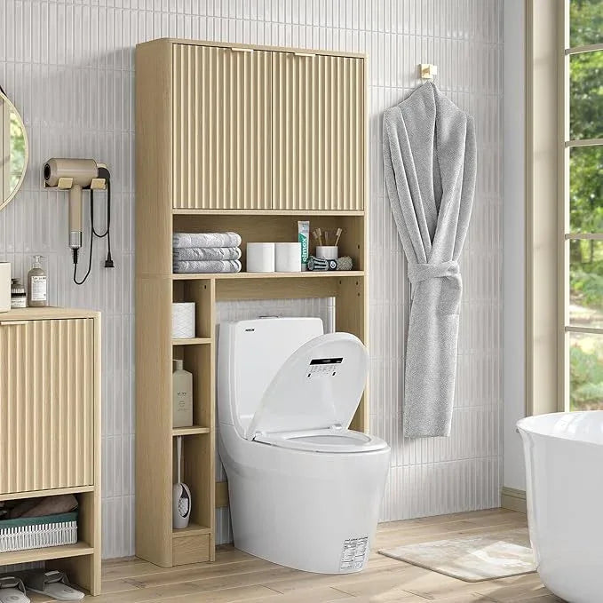 Furnideco 31''W Over Toilet Storage Cabinet Modern Above Toilet Shelf Cabinet with Fluted Doors & Toilet Paper Storage Holder for Bathroom, Natural Oak - ModernBath