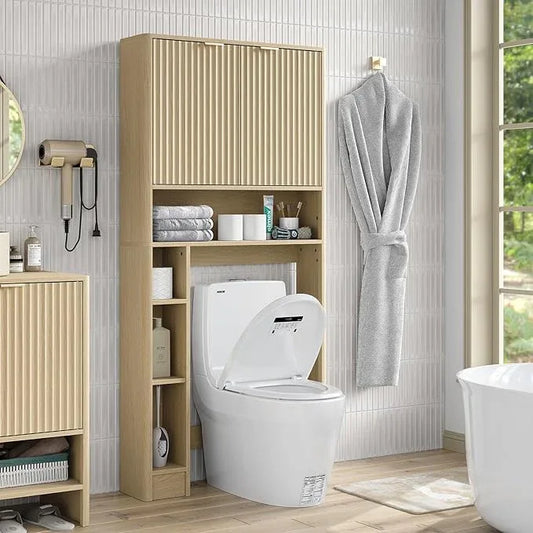 Furnideco 31''W Over Toilet Storage Cabinet Modern Above Toilet Shelf Cabinet with Fluted Doors & Toilet Paper Storage Holder for Bathroom, Natural Oak - ModernBath