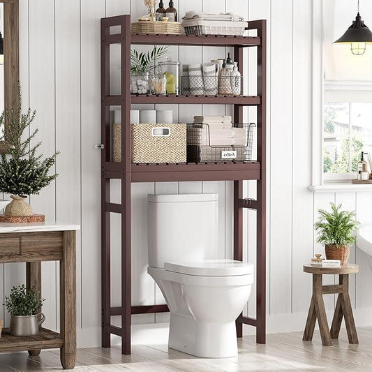 Homykic Over The Toilet Storage, Bamboo 3-Tier Over-The-Toilet Space Saver Organizer Rack, Stable Freestanding Above Toilet Stand with 3 Hooks for Bathroom, Restroom, Laundry, Espresso - ModernBath