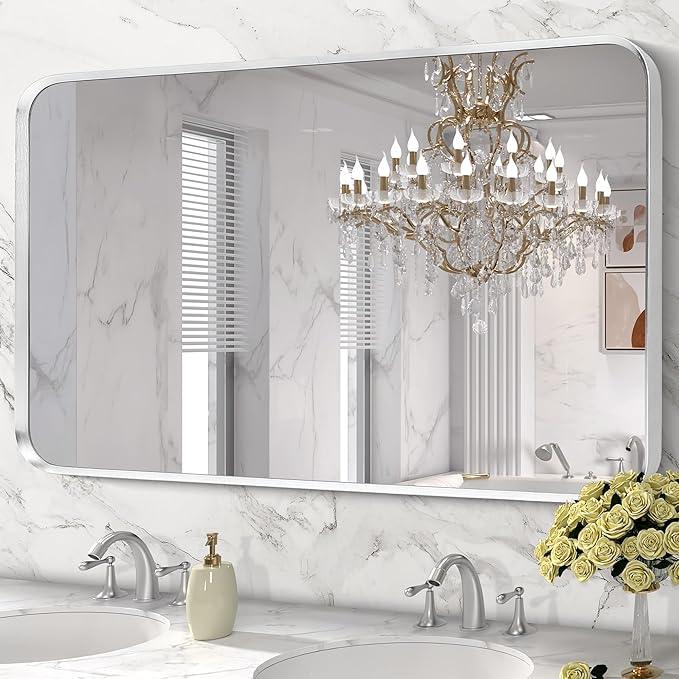 Minuover Brushed Nickel Bathroom Wall Mirror, Silver Metal Framed Large Rounded Corner Rectangle Mirror, Tempered Glass, Shatter Proof, Hangs Horizontally or Vertically (30" x 55", Silver) - ModernBath