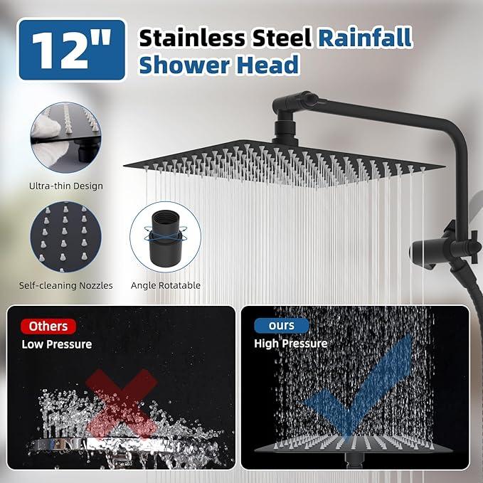 12" All Metal Shower Head, High Pressure Rainfall Shower Head/Handheld Showerhead Combo with 11" Adjustable Shower Extension Arm, 71" Hose, Shower Head Holder, Matte Black - ModernBath