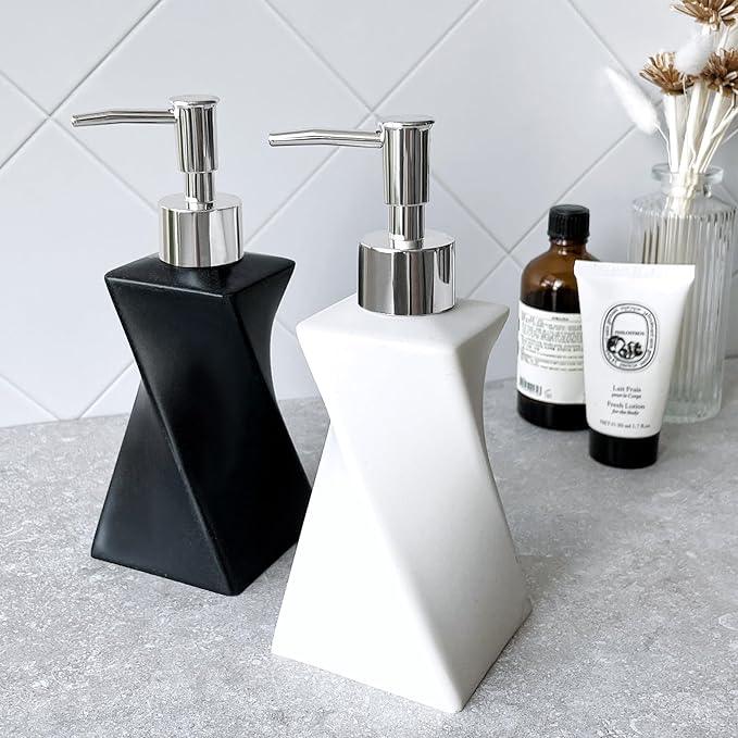 2 Pack Modern White & Black Hand Soap Dispenser Set for Bathroom Countertop, Dish Soap Dispenser for Kitchen, Contemporary Art Style, Rust Proof, 8.5oz - ModernBath