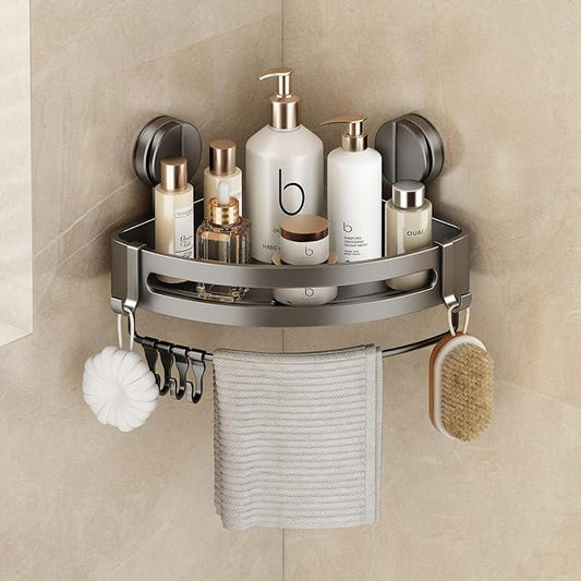 VOLPONE Shower Caddy Suction Cup, 1 Pack Corner Shower Shelves No Drilling, Showers Organizer Storage with Towel Bar & Removable Hooks, Bathroom Shower Shelf Rack for Inside Showers, Triangle - ModernBath