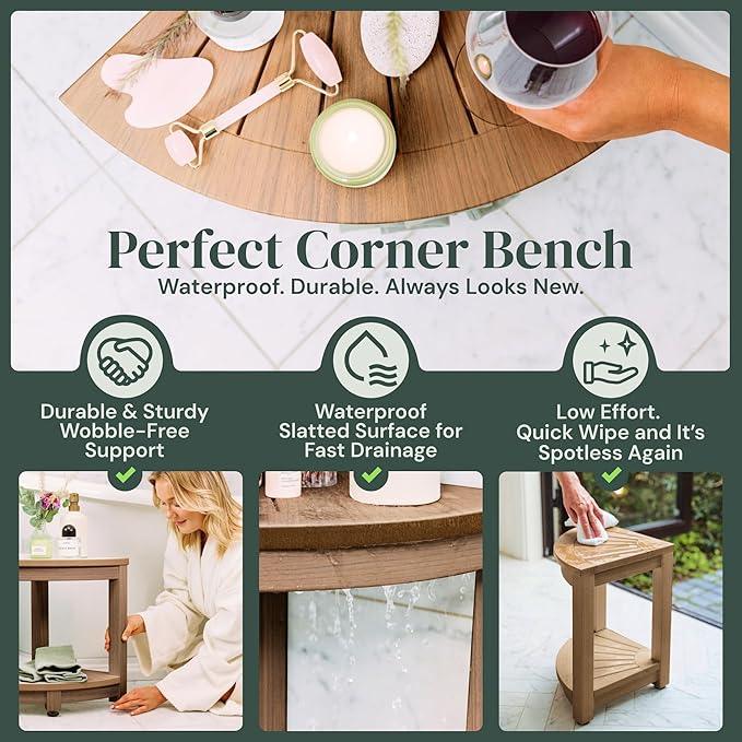 ROHKEX Waterproof Corner Shower Stool - Brown Waterproof Shower Bench for Shaving Legs & to Sit On - Easily Assembled Corner Bench & Shelf - Restroom Organizer - Bathroom Home Decor - ModernBath