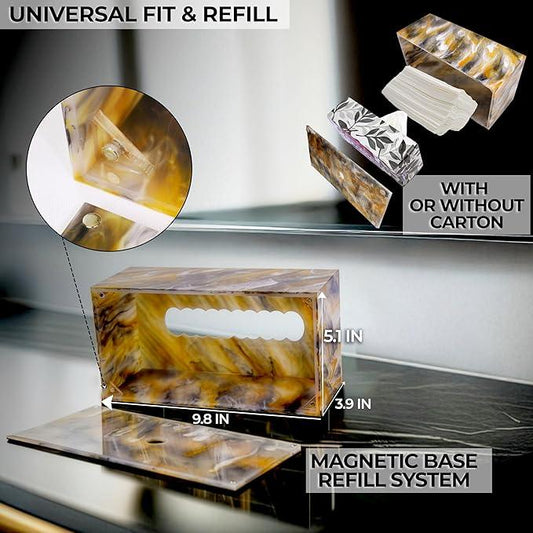 LebriQ Rectangular Tissue Box Cover | Heavyweight 1.5lbs Non-Slip Base | Gift Box Ready |Black, Amber & White Marble Acrylic Tissue Holder | Decorative Tissue Box for Bathroom, Bedroom,Office & Vanity - ModernBath