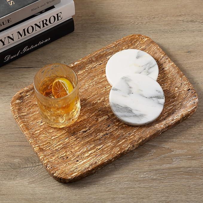 Karibiber Natural Marble Vanity Tray, 11.8" Travertine/Stone Bathroom Tray Countertop, Golden Stone for Perfume Jewelry Holder, Decorative Dresser Organizer, Storage for Kitchen Sink(Walnut Traver) - ModernBath