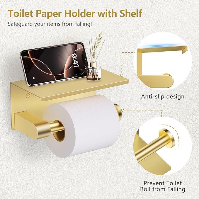TQKAG 5 Piece Bathroom Towel Bar Holder Sets Brushed Gold Bathroom Hardware Set Stainless Steel Toilet Paper Holder with Shelf Bathroom Accessories Kit Wall Mounted - ModernBath