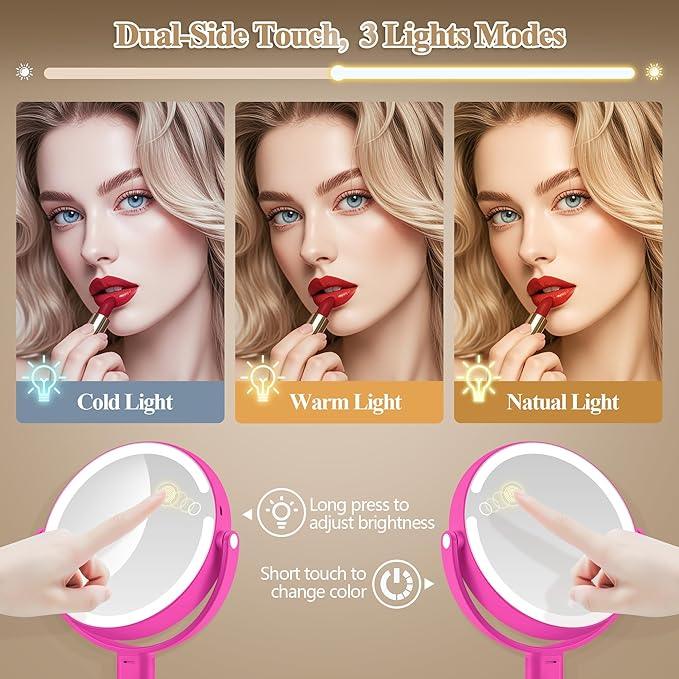 MOMOKUBA Makeup Mirror with Lights, Double Sided 1x/20x Magnifying Mirror with Light, Rechargeable 3 Color Lights and Adjustable Brightness, 360° Rotation Detachable Comes with Tweezer(Hotpink) - ModernBath