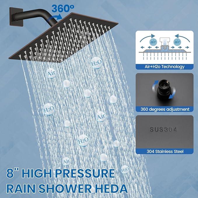 Airuida Shower Faucet Set Bathroom Rain Shower System 8 Inch Square Showerhead Single Function 1 Handle Trim Kit with Female Thread Rough-in Valve Cover Plate with H and C Labels Oil Rubbed Bronze - ModernBath