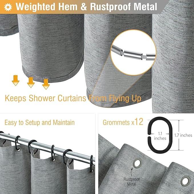 BTTN Long Fabric Shower Curtain - 72x80 Inch Linen Textured Heavy Duty Polyester Cloth Shower Curtain Set with 12 Plastic Hooks, Hotel Luxury Waterproof Modern Shower Curtains for Bathroom, Gray/Grey - ModernBath