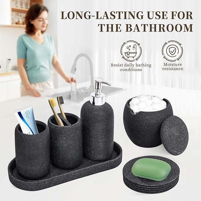 Resin Bathroom Accessory Set - 6PCS Bathroom Accessories Set, Bath Vanity Countertop Accessories with Soap Dish, Lotion Dispenser, Toothbrush Holder, Toothbrush Cup, Vantiy Tray, Qtip Holder (Black) - ModernBath