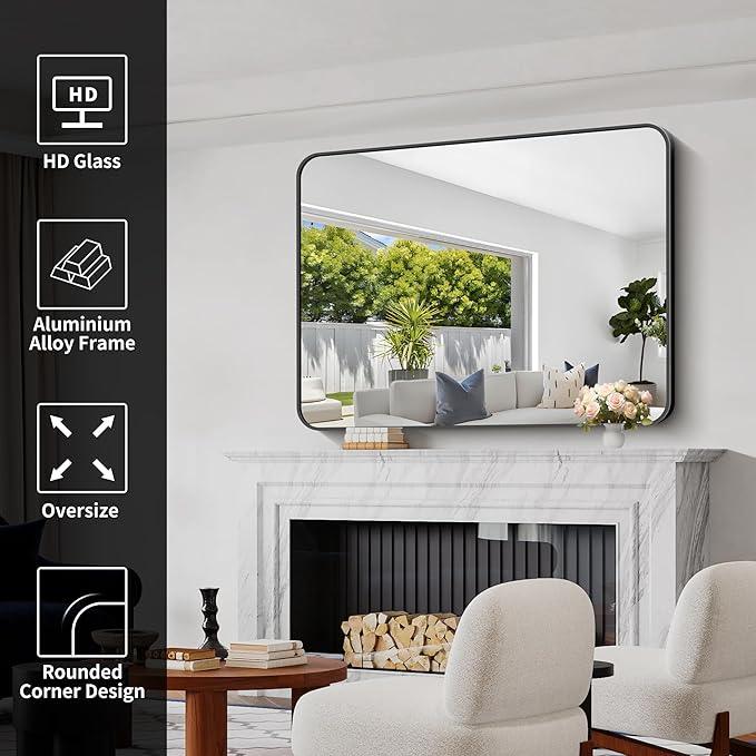 CIVENO Bathroom Mirror, 48x36 inch Black Rectangle Wall Mirror, Metal Frame Rounded Corner Vanity Mirror, Large Wall Mounted Mirror for Over Sink Bedroom Living Room Horizontal Or Vertical Mounting - ModernBath