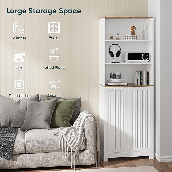 Bathroom Storage Cabinet - 66.8" Freestanding Tall Cabinet with Slatted Doors and Open Shelves, Adjustable Shelves, White Bathroom Organizer for Small Spaces, Bathroom Linen Tower with Closed Storage - ModernBath