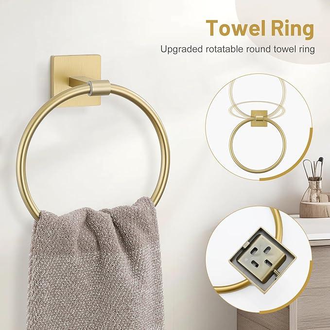 Brushed Gold Bathroom Hardware Set, 5-Piece Bath Towel Bar Set with 23.6” Towel Bar, Towel Ring, Toilet Paper Holder, Two Hooks, SUS304 Towel Racks for Bathroom Wall Mounted - ModernBath