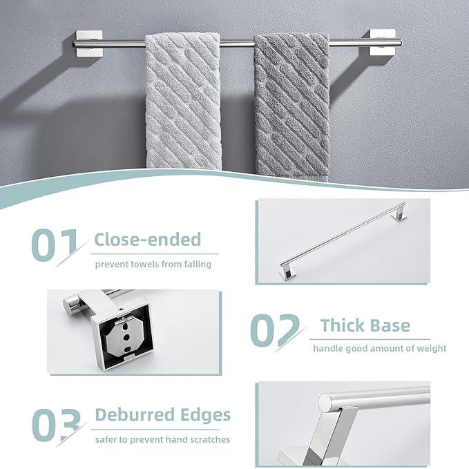 Suyar Bathroom Accessories Set Polished Chrome, SUS 304 Stainless Steel Bathroom Hardware Set 4 Pieces, Include Robe Hook, Toilet Paper Holder, Hand Towel Holder, Towel Bar, Wall Mounted - ModernBath