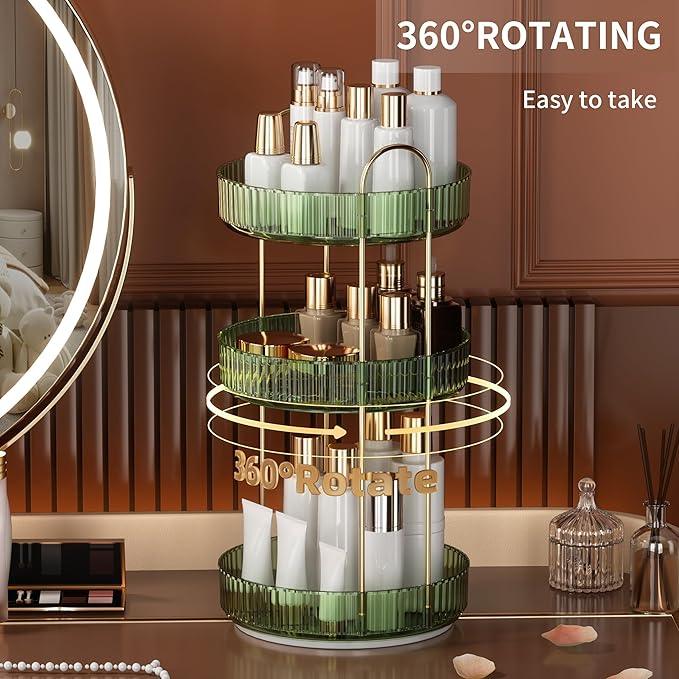 YCIA&DONE 360 Rotating Makeup Organizer and Storage for Vanity Countertop 3 Tiers, High Capacity Cosmetic Skincare Perfume Organizers for Dresser Bathroom Lazy Susan (Vintage Green) - ModernBath