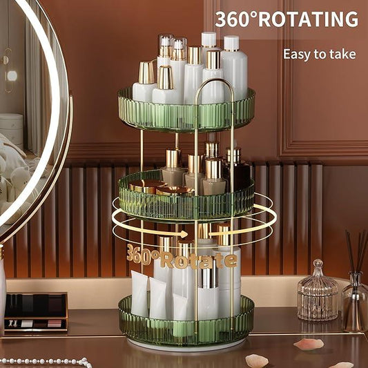 YCIA&DONE 360 Rotating Makeup Organizer and Storage for Vanity Countertop 3 Tiers, High Capacity Cosmetic Skincare Perfume Organizers for Dresser Bathroom Lazy Susan (Vintage Green) - ModernBath