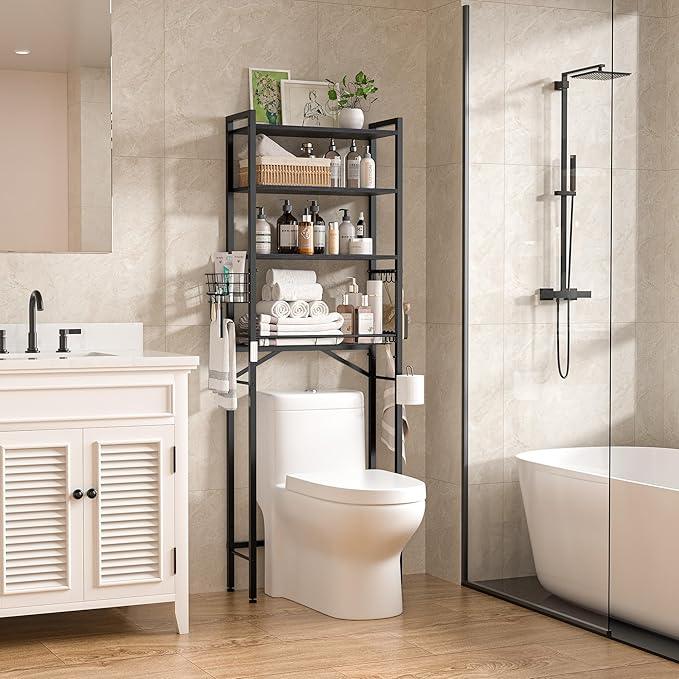 TETOTE Over Toilet Bathroom Organizer, 4-Tier Bathroom Over The Toilet Storage with Adjustable Shelf and Basket, Freestanding Space Saver Bathroom Shelves Above Toilet for Room(Black) - ModernBath