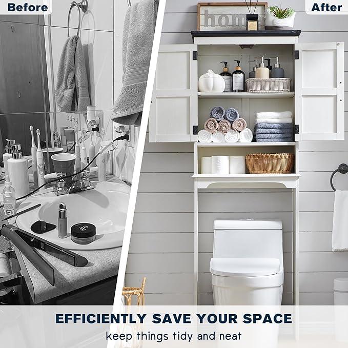 ACCOHOHO Over The Toilet Storage Cabinet, Farmhouse Bathroom Cabinet with Adjustable Shelf & Barn Door, 67" Tall Over The Toilet Shelf, Off White - ModernBath