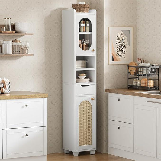 LIKIMIO 69" H Tall Bathroom Storage Cabinet with 2 Doors & 1 Drawer, Narrow Adjustable Shelves & Pull-Out Tissue Holder, Slim Freestanding Cabinet for Small Spaces, Kitchen, Entryway, White - ModernBath