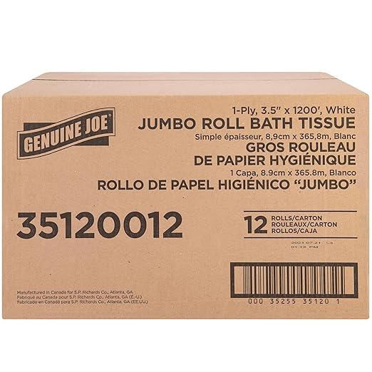 Genuine Joe Jumbo Roll Bath Tissue, 1-Ply, 3.63" x 1200', White, 12 Count - ModernBath