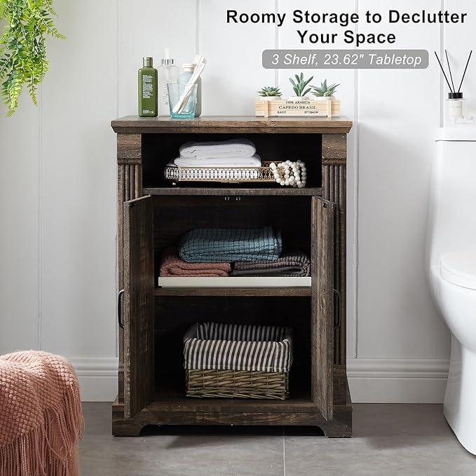 24" Farmhouse Storage Cabinet with Barn Doors, Dark Rustic Oak Freestanding Sideboard Buffet with Adjustable Shelf, Pantry Hutch Coffee Bar for Kitchen Bathroom Living Room - Small Floor Cabinet - ModernBath