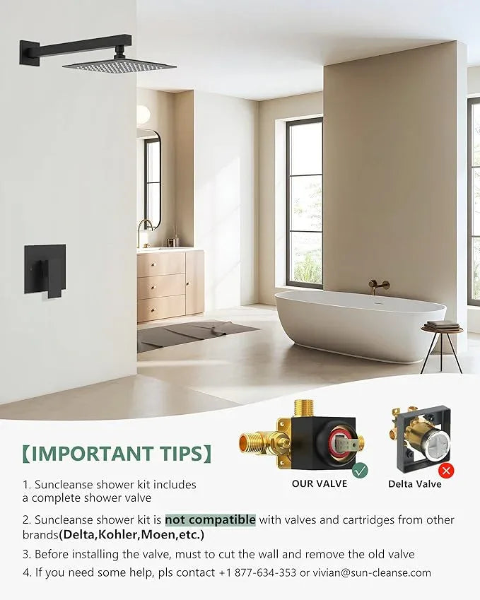 SunCleanse Matte Black Shower Faucet Set with Valve, 8 Inch Square Shower Head and Handle Set, Single Handle Shower Trim Kit with Extra Long Shower Arm - ModernBath