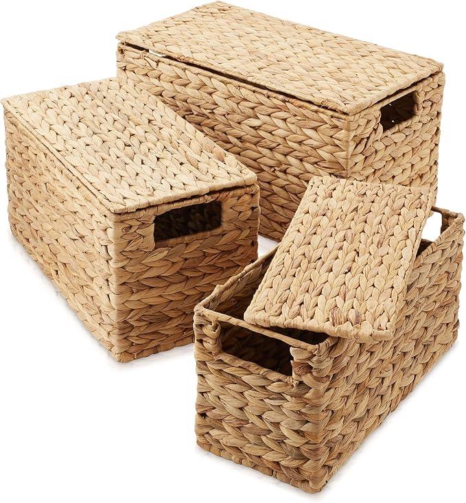 Casafield Set of 3 Water Hyacinth Storage Baskets with Lids, Natural - Small, Medium, Large Woven Nesting Bins for Bathroom, Bedroom, Closets, Shelves - ModernBath